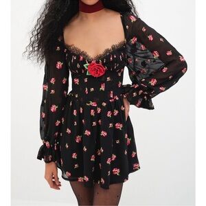 For Love & Lemons Floral Dress Sheer Sleeves Rose Detail Cottagecore Romantic